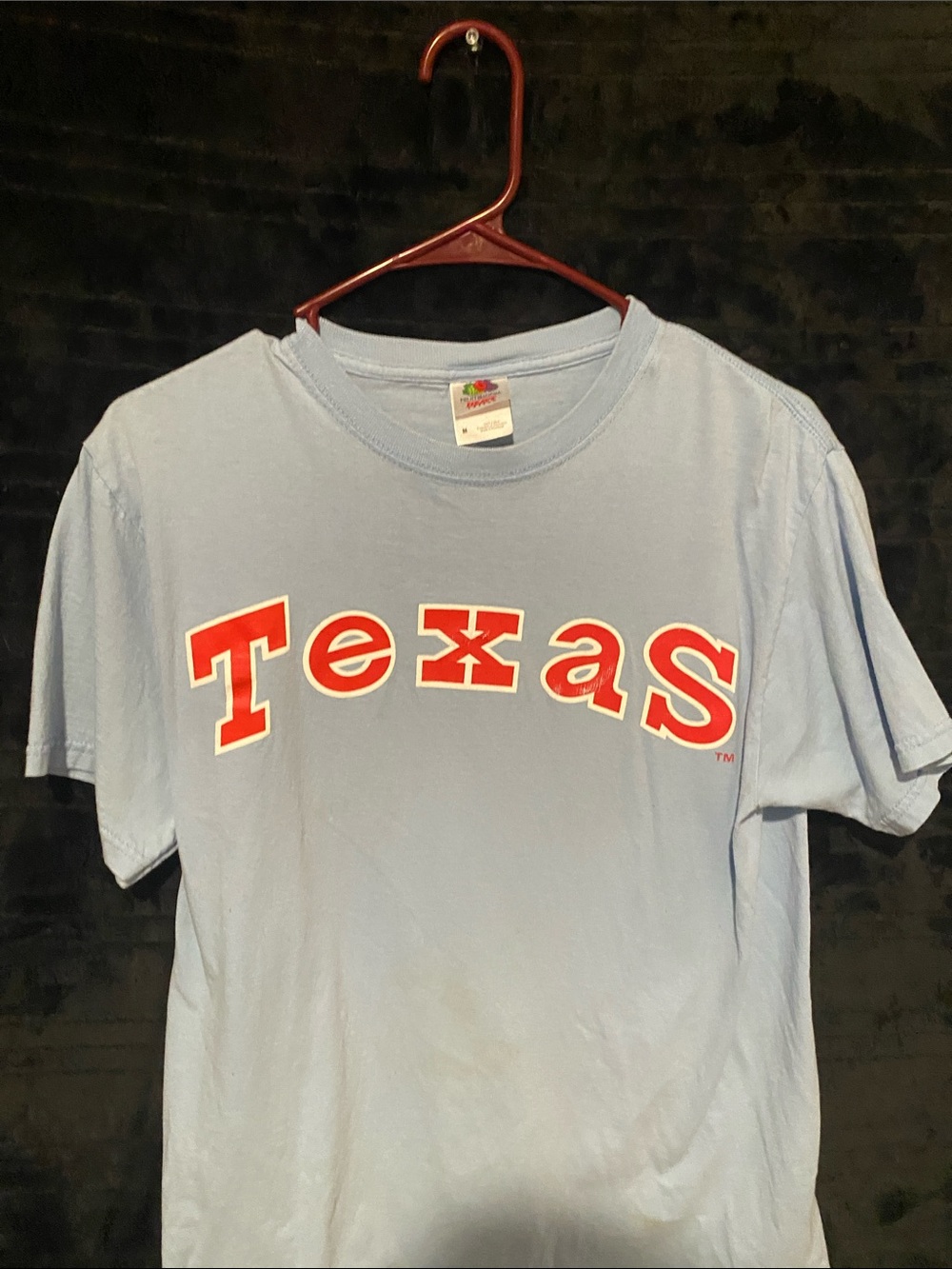 Fruit of the Loom Light Blue Texas Graphic Tee with Red and White Lettering